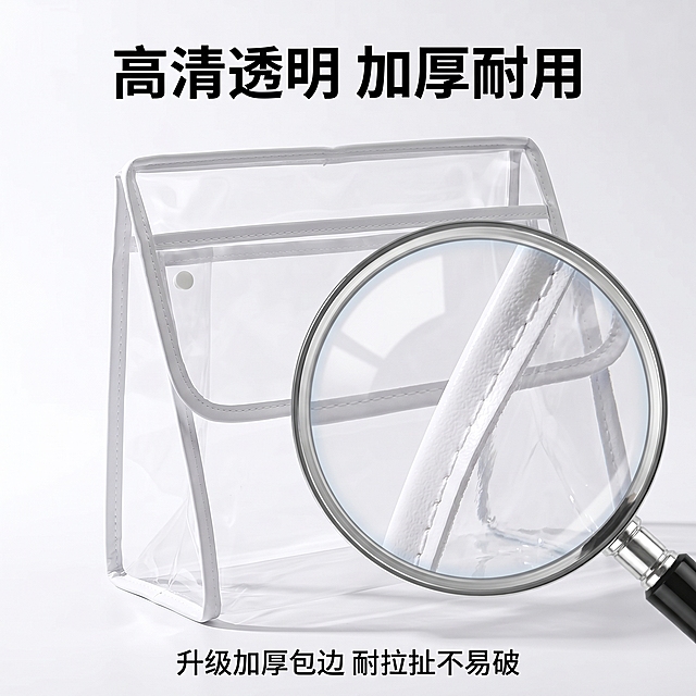 [主图 3] 透明防水挂袋材质细节展示；[氛围风格] 干净清爽，突出材质通透质感；[画质] 商业摄影微距特写，产品细节清晰锐利；[元素] 侧逆光拍摄，放大展示挂袋透明PVC材质和包边走线，放大镜效果突出加厚封边和高清透明度，保持产品材质纹理与原图一致，杜绝变形；背景为干净浅白色，突出产品本身；商品主体占比约75%；[光影] 侧逆光，突出透明材质通透感，边缘有自然高光，阴影柔和；[配色] 浅白背景，产品透明本色，黑色文字说明，高反差清晰；[文字版式] 顶部主标题「高清透明 加厚耐用」黑色粗体居中，底部标注「升级加厚包边 耐拉扯不易破」小号黑色文字；[比例分辨率] 1:1比例，2k分辨率，文字清晰；[负向提示词] 变形，水印，文字错乱，产品模糊，背景杂乱