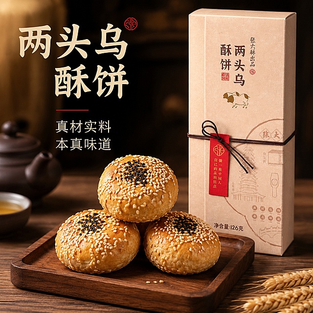 「图片1」淘宝/天猫1:13张
生成电商主图，商品名称是两头乌酥饼，卖点是真材实料，本真味道