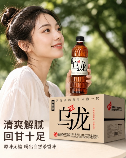 [第5屏] 模特展示，年轻亚洲女模特半身展示，本屏使用【图1】产品。
[氛围/风格] 轻松自然生活方式，干净清爽氛围感，自然街拍质感。
[元素布局] 模特肩部以上侧脸入镜，手举乌龙茶瓶，产品占据画面右预览效果