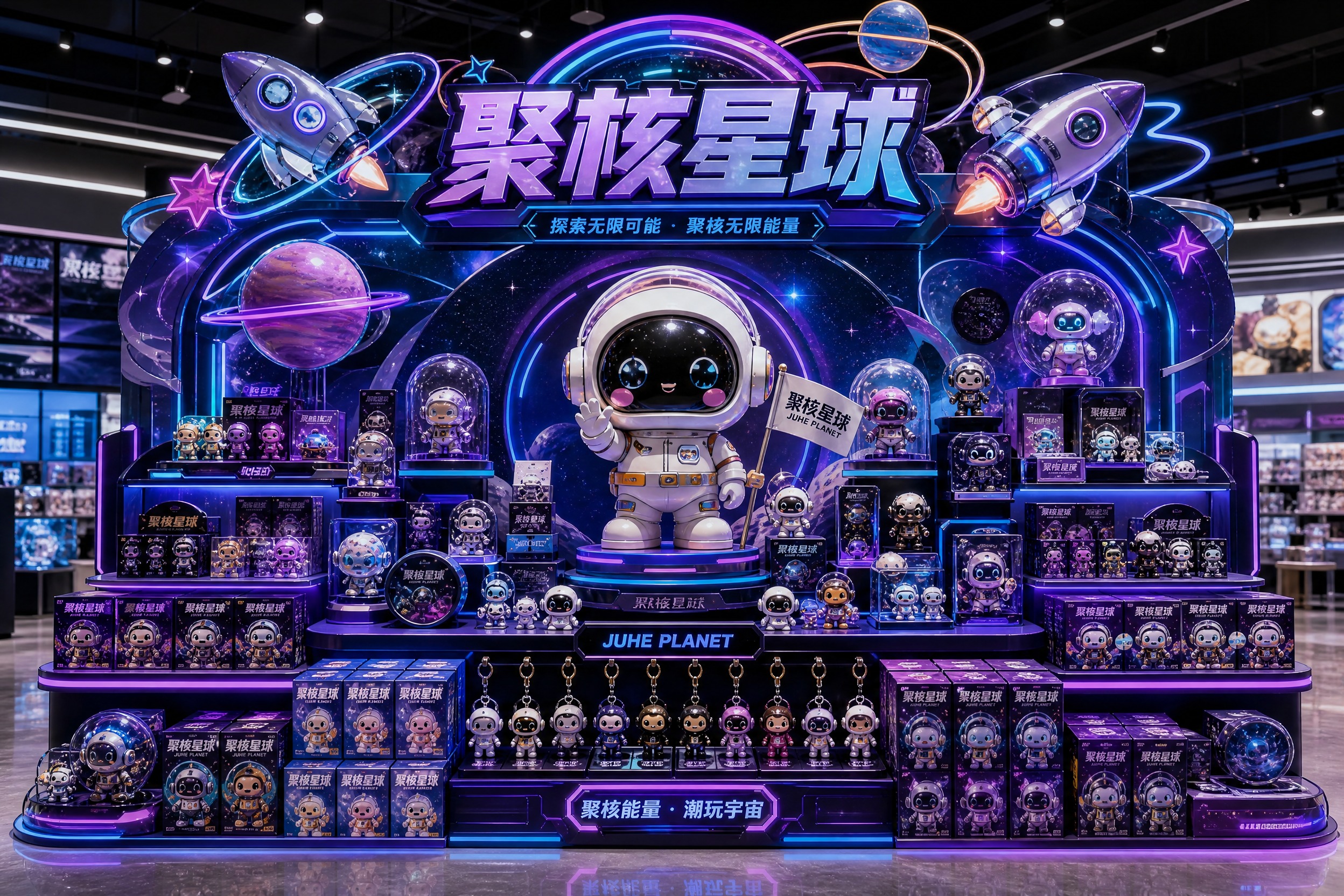 参考图中的大型主题货架形式，设计一个"聚核星球"潮玩主题货架。… - 图片创意预览