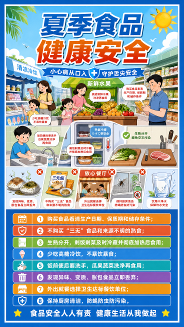 设计竖版安全宣传展板，比例高度2米宽度1米，上方是夏季食品健康安全主题卡通漫画，下方是文字宣传夏季食品安全注意事项，风格参照参考图，版式为上漫画下文字，标题醒目，整体为安全教育宣传风格预览效果