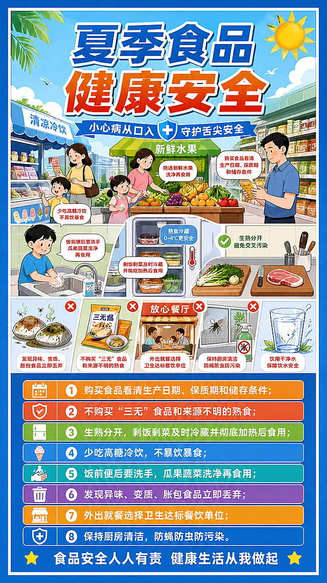 设计竖版安全宣传展板，比例高度2米宽度1米，上方是夏季食品健康安全主题卡通漫画，下方是文字宣传夏季食品安全注意事项，风格参照参考图，版式为上漫画下文字，标题醒目，整体为安全教育宣传风格