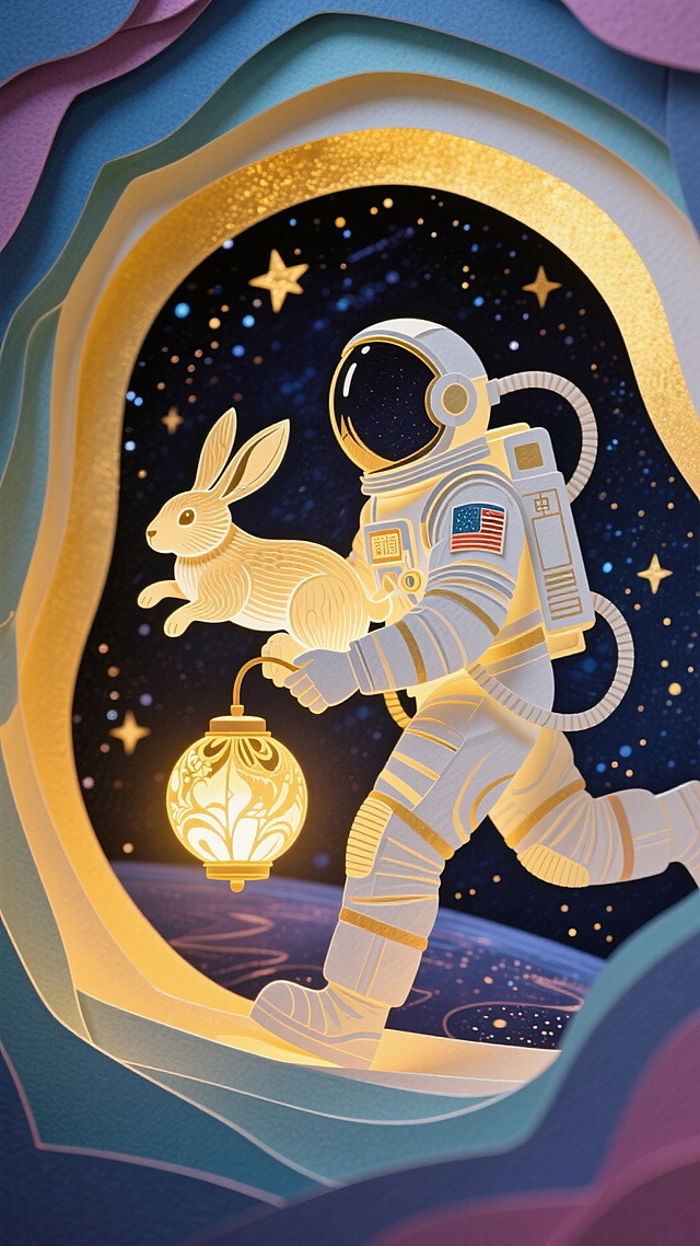 中国宇航员提着玉兔纸灯在宇宙穿行，画面是暖金色