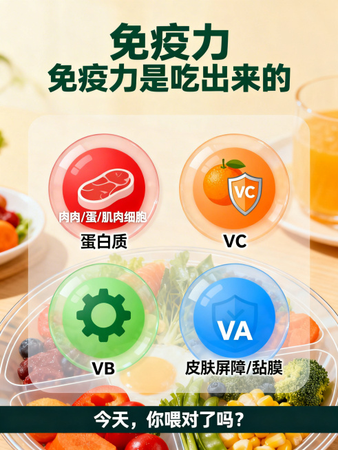 3:4竖版科普图，顶部居中粗体深绿色主标题“免疫力是吃出来的”。中部四个直径相同的半透明圆形图标均匀分布：第一个红色背景配肉/蛋/肌肉细胞图标，下方白色文字“蛋白质”；第二个橙色背景配橙子加盾牌图标，预览效果