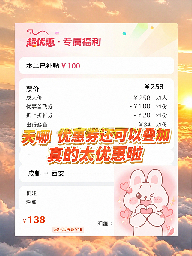 基于参考图进行修改，保持去哪儿APP超优惠专属福利页面风格不变。修改内容：1. 航线改为成都→西安；2. 票价改为258元，优享首飞券减100元，折上折神券减20元，最终价格138元，出行后再返15元；3. 保持'本单已补贴¥100''超优惠·专属福利'等标题不变；4. 右下角表情包换成一只比心的卡通小兔子，粉色爱心背景；5. 背景图换成黄昏时分的高空云层，有金色阳光；6. 大字标题'天哪 优惠券还可以叠加 真的太优惠啦'保留，字体可调整更醒目；7. 机建燃油等明细栏保持原样；8. 所有优惠券抵扣项目保持合理。整体是小红书种草风格的APP截图。