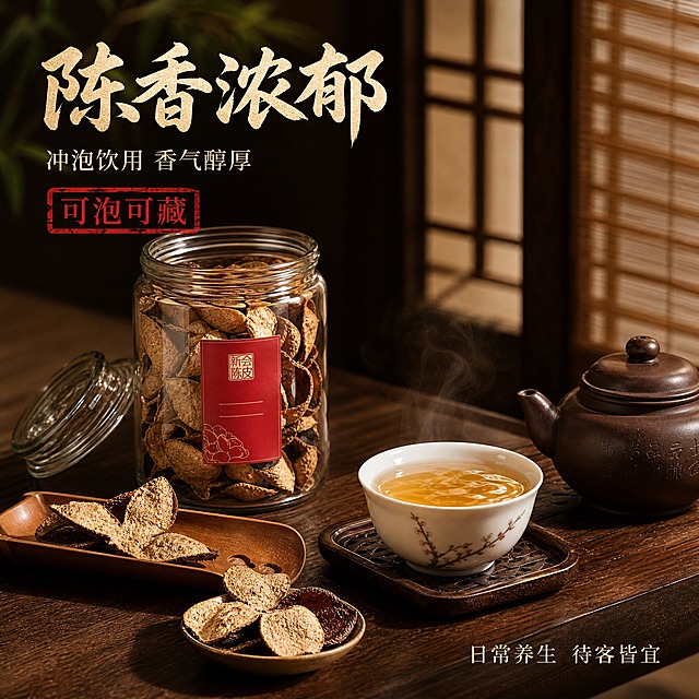 [主图-4] 新会陈皮冲泡饮用场景图 突出陈香浓郁与可泡可藏卖点 展示使用场景
[统一基调] 国风品质感 暖棕红金配色 主标题用粗笔刷书法字 米白烫金字色 辅助文案用细宋体深棕色 强调字用朱砂红印章样式 整体暖调柔光 传统陈香氛围 商业摄影质感
[画面] 画面主体为中式茶席场景 深棕色木质茶桌上 右侧一把紫砂茶壶 旁边一只白瓷品茗杯 杯中盛有金黄透亮的陈皮茶汤 杯口有淡淡热气升腾 茶汤表面有自然反光 左侧玻璃罐内装陈皮 罐口打开 旁边茶则上摆放2-3片完整陈皮 背景虚化中式窗棂与竹帘 营造雅致品茶氛围 桌面还摆放一小碟陈皮零食样 增加丰富度 整体画面传递陈香浓郁 可泡可饮的使用场景
[光影质感] 自然暖光从右侧窗棂透入 形成柔和光影 茶汤金黄透亮有光泽 杯壁有细微反光 陈皮表面纹理清晰 紫砂茶壶有哑光质感 桌面有真实倒影与接触阴影 整体暖调柔光 商业摄影级质感
[配色] 背景暖棕木色与竹帘米黄色 茶汤金黄色 陈皮棕褐色 紫砂深褐色 白瓷奶白色 标题米白烫金 辅助文案深棕 强调字朱砂红 整体暖棕金黄配色
[文字版式] 画面左上角主标题大字"陈香浓郁" 粗笔刷书法字 米白烫金色 下方细宋体小字"冲泡饮用 香气醇厚" 再下方朱砂红印章样式框内写"可泡可藏" 画面右下角有一行小字"日常养生 待客皆宜" 文字放在负空间 不遮挡茶汤与产品主体 字号层级分明
[输出要求] 1:1正方形 2048x2048 文字清晰可读 产品清晰完整 无变形 无错字 无模糊 无杂乱背景 无水印 无平台Logo 禁止出现绝对化用语 禁止宣传疾病治疗功效
