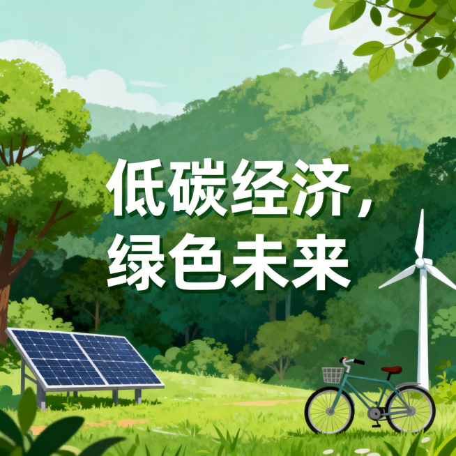 低碳经济公益海报，风格简单明了，画面展示绿色自然环境搭配节能低碳元素，醒目位置标注标语"低碳经济，绿色未来"，干净简洁，宣传公益环保理念预览效果