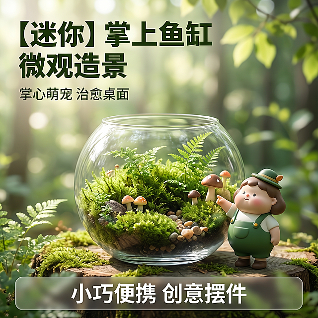 [主图 1] 掌上微观造景缸产品首图。[氛围风格] 森林卡通风格，搭配可爱卡通小人物，自然清新充满创意。[画质] 商业摄影真实质感，光线柔和通透，产品清晰真实，画面干净高级，保持真实玻璃质感。[元素] 圆形透明玻璃掌上鱼缸居中饱满放置，鱼缸内布置微观森林造景，搭配一只可爱迷你卡通小人物在鱼缸旁互动。背景是清新绿意的森林场景，柔和虚化突出产品主体。保持圆形玻璃鱼缸外观（物理结构、尺寸比例、透明材质质感）与输入产品图绝对一致，杜绝任何变形和色差，精细化处理。商品主体占比严格控制在 60%-80% 之间，画面满屏无边框。[光影] 自然森林漫射光，光线柔和均匀，透明玻璃有通透高光，缸体边缘有清晰明暗对比，整体清新明亮。[配色] 主色调自然绿色，搭配透明玻璃的无色清新感，卡通小人物使用柔和马卡龙配色点缀。[视角构图] 平视角度，景深适中，产品为视觉中心，轮廓完整不裁切。[文字版式] 左上负空间左对齐留安全边距，主标题 "{迷你}掌上鱼缸 微观造景" 深绿色大号粗体无衬线字体；副标题 "掌心萌宠 治愈桌面" 约半高同色系略浅。底部通栏半透明渐变蒙层，文字「小巧便携 创意摆件」白色清晰易读。[比例分辨率] 1:1 比例，2k 分辨率，文字清晰可辨，超高清。[负向提示词] 变形，水印，文字错乱，产品图模糊，背景杂乱，玻璃质感失真。