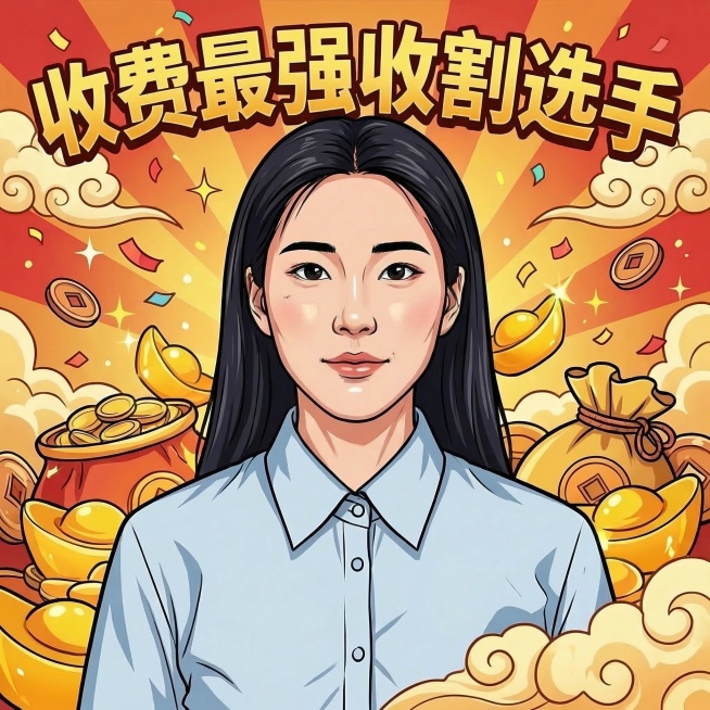 将这张漫画版头像的脸部修改得更瘦一些，保留原有风格、文字“收费最强收割选手”和收钱氛围背景，整体为正方形构图预览效果