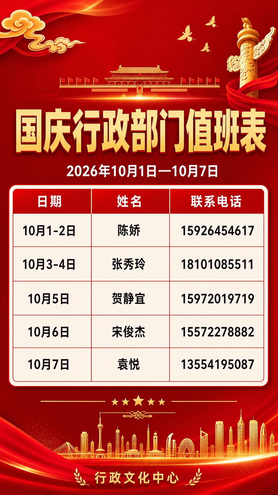 基于参考图重新生成国庆行政部门值班表海报，竖版9:16，正式通… - 图片创意预览