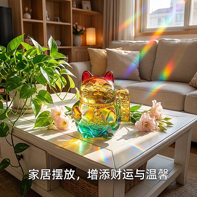 彩色招财猫水晶摆件场景图，彩色招财猫水晶摆件摆放在温馨的家居客厅白色茶几上，周围有淡粉色鲜花和翠绿绿萝点缀，午后柔和阳光洒在摆件上，折射出五彩斑斓的光芒，整体氛围温暖治愈。画面底部悬浮文字“家居摆放，增添财运与温馨”，字体为无衬线白色，文字不遮挡产品主体。1:1比例，2k分辨率