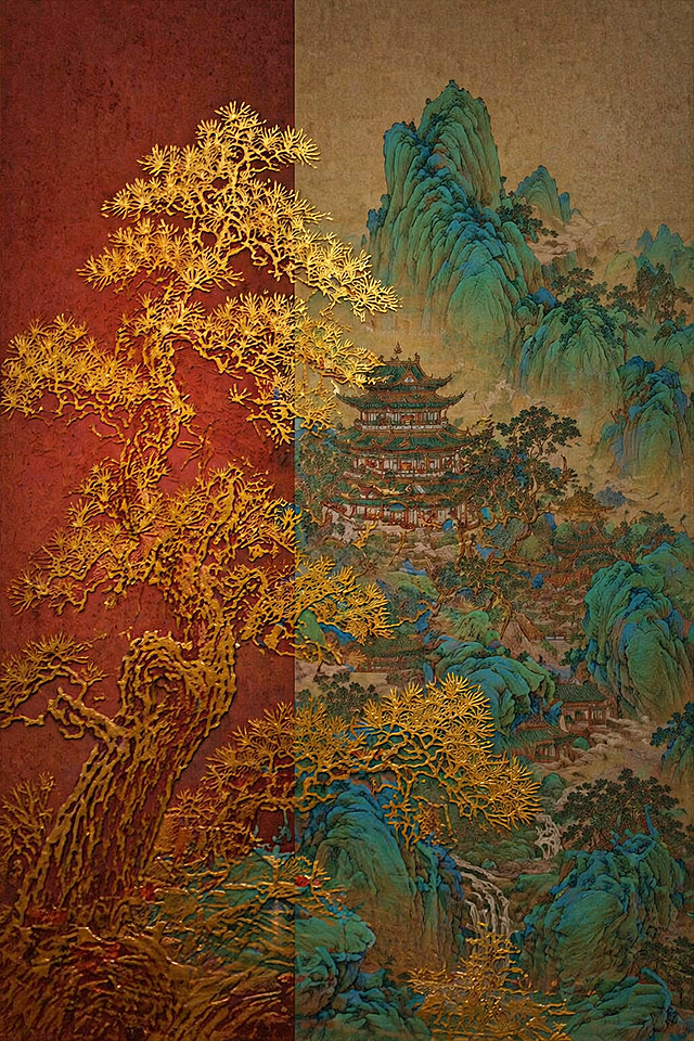 古典中式山水画卷，融合工笔与浮雕技法，鎏金松枝穿插岩彩山峦，静谧梦幻，超现实拼贴演绎东方意境。