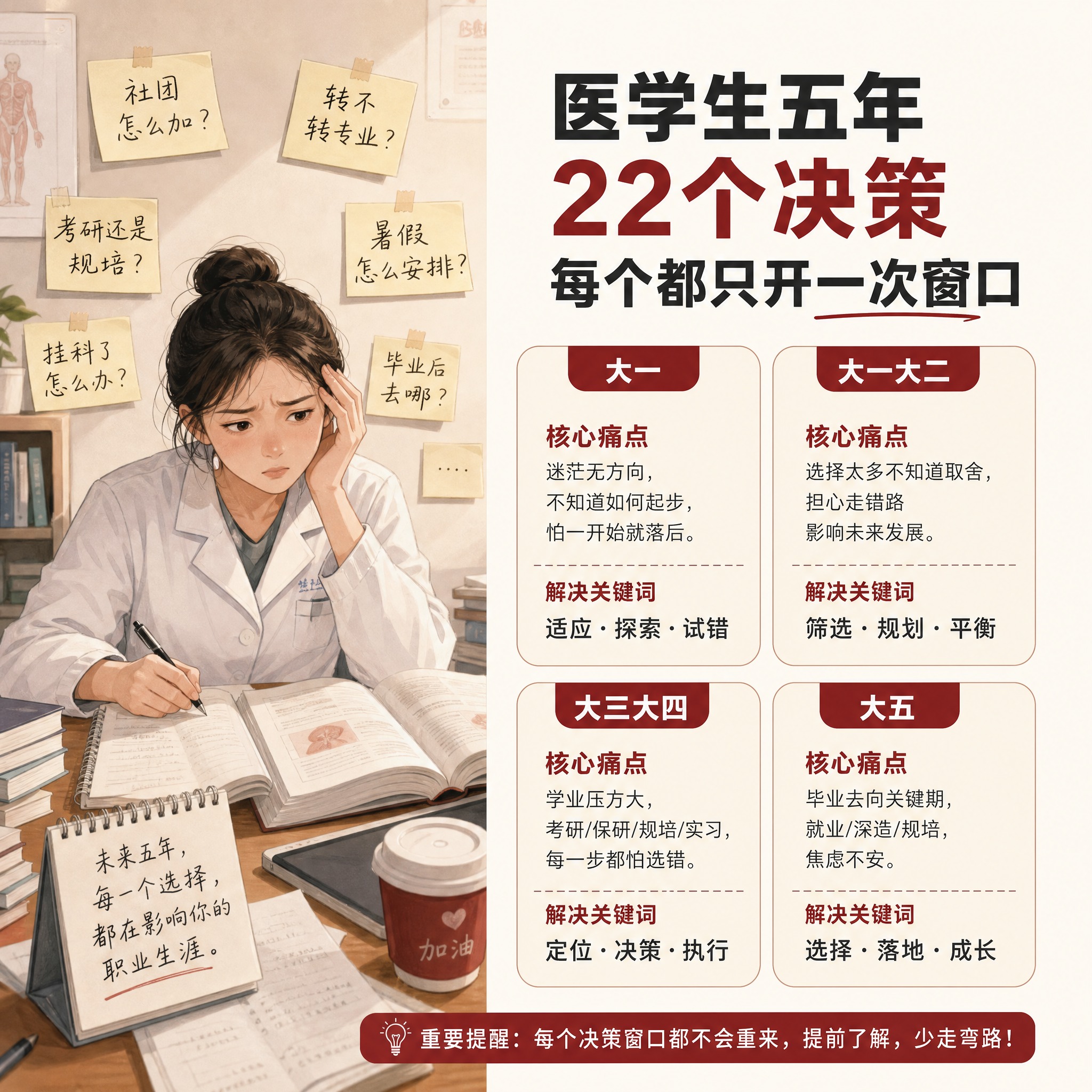 [主图-2] 痛点与学习目标 医学生五年决策困境共鸣图 [统一… - 图片创意预览