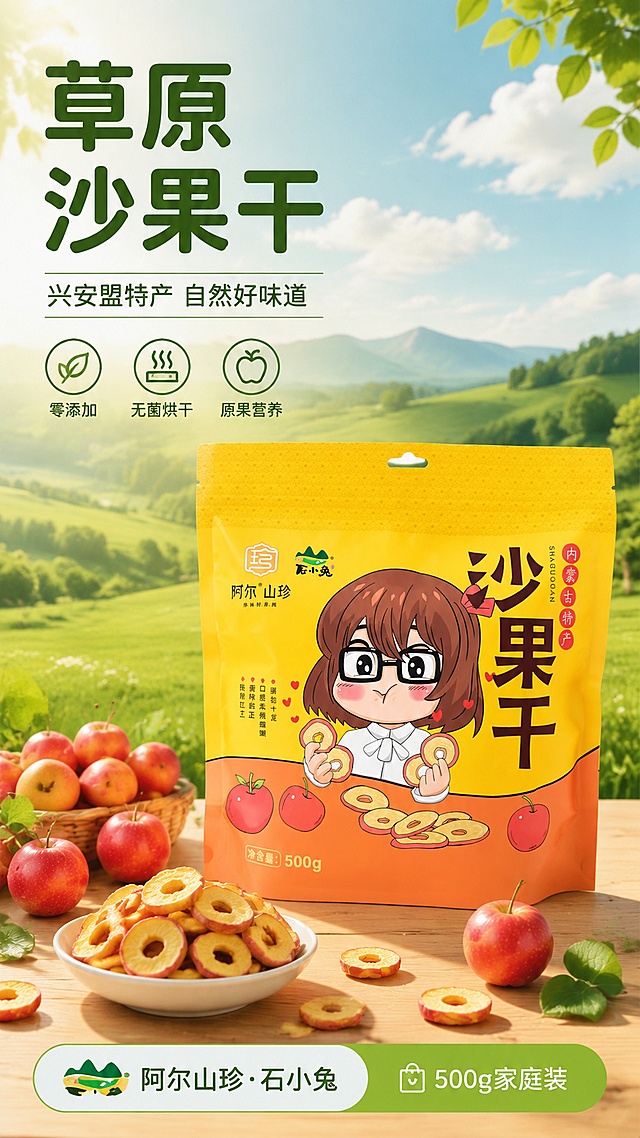 [第1张] 详情页头图-阿尔山珍石小兔沙果干草原特产宣传海报。本张使用【图1】作为商品主体，保持包装袋外观、颜色、卡通人物、文字排版与原图完全一致。
[氛围/风格] 草原清新自然风，淡绿色主色调，温暖治愈食欲感，商业摄影质感，阳光通透。
[元素布局] 沙果干包装袋置于画面中央偏右，占比约55%-60%；左侧及上方留出标题区；背景为淡绿色渐变草原远景，有起伏的绿色草坡、蓝天白云、远处的兴安盟山地轮廓；前景散落新鲜沙果和沙果干切片，几片绿叶点缀；底部是浅木色台面，有柔和的光斑。包装袋物理结构、比例、颜色、卡通人物形象、品牌logo与输入图完全一致。
[光影质感] 左上方自然柔光照射，右下柔和投影，整体明亮通透，草原阳光感，产品边缘清晰有高光。
[配色色系] 全局底色 #E8F5E9 淡绿色；主色草原绿、沙果红；辅助色暖黄、木色；点缀色白色云朵。
[视角构图] 正面微仰视，产品为视觉中心，阅读动线左上标题 → 中部产品 → 底部卖点条。
[文字版式] 左上标题区，主标题「草原沙果干」，副标题「兴安盟特产 自然好味道」，圆角黑体，深绿色字；标题下方3个小图标卖点：「零添加」「无菌烘干」「原果营养」；底部横条信息：「阿尔山珍·石小兔」「500g家庭装」；文字不遮挡产品主体。
[比例分辨率] 9:16 竖版比例，4K 分辨率，文字清晰可辨，高清画质。
[负向提示词] 包装袋变形，卡通人物错乱，品牌文字模糊，颜色偏差，水印，文字过小，背景杂乱，产品比例失调。