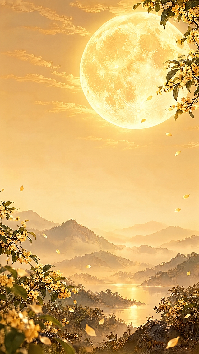 将画面右上方的月亮显著放大，成为画面更醒目的视觉焦点，月亮尺寸大约是原图的1.5倍，保持月亮的细节和质感不变，其余画面元素（桂花树枝、山川、湖水等）保持原样不变，整体暖黄色调和氛围保持一致