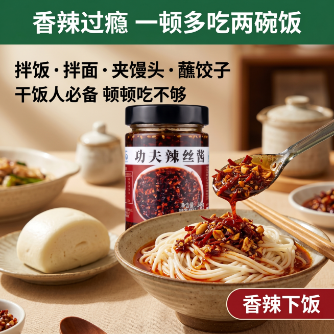 生成一张1:1正方形高清8K电商主图，暖调餐桌实景，大光圈浅景深，柔和暖光侧打。画面中心放置功夫辣丝酱瓶（严格参照参考图https://gdesign-dam-hz.dancf.com/3682468预览效果