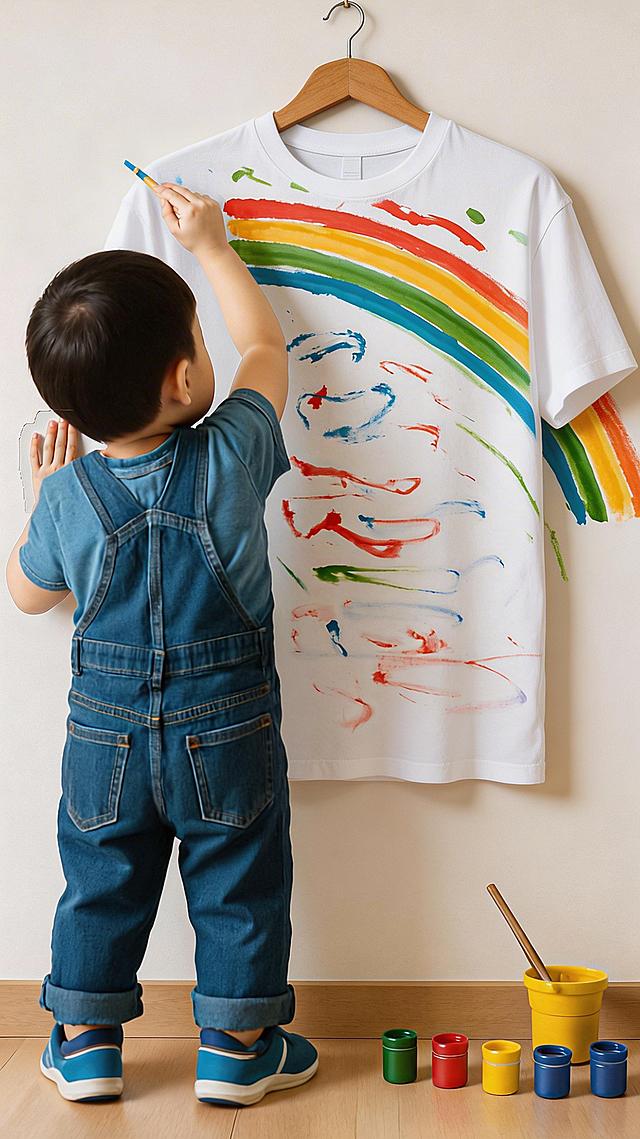 将画面中的墙壁替换成带有彩虹涂鸦的衣服，让孩子像是在衣服上绘画