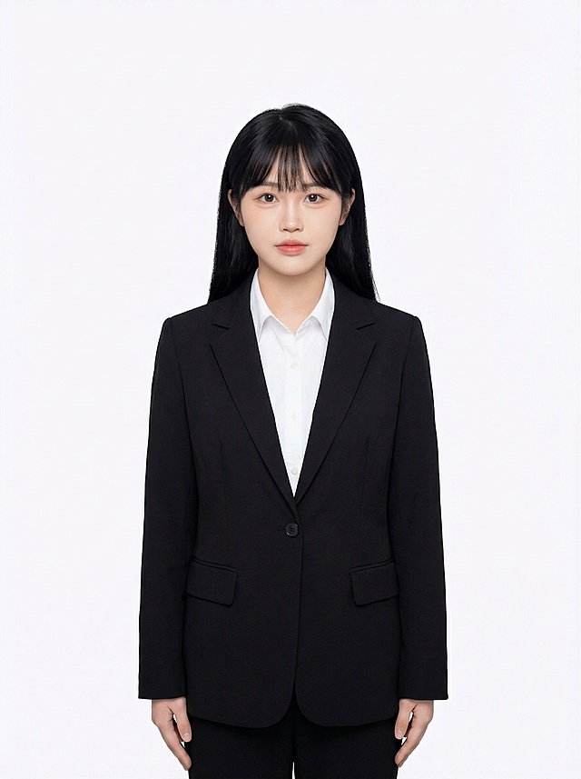 生成人物全身证件照，黑色外套白色衬衫，头发黑色