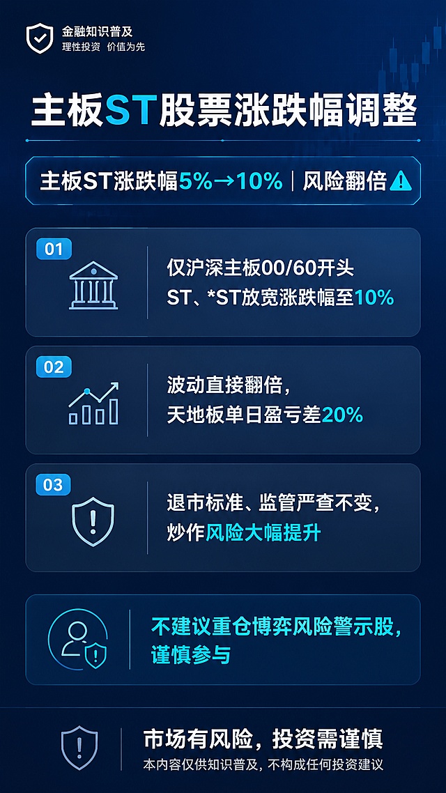 生成一张金融行业每日常态化理性投教海报。物料类型：知识卡片，主题：主板ST股票新规调整，面向人群：普通股民，标题："主板ST股票涨跌幅调整"，主句："主板ST涨跌幅5%→10%｜风险翻倍⚠️"，主体解释："1. 仅沪深主板00/60开头ST、*ST放宽涨跌幅至10%\n2. 波动直接翻倍，天地板单日盈亏差20%\n3. 退市标准、监管严查不变，炒作风险大幅提升"，行动提醒："不建议重仓博弈风险警示股，谨慎参与"，视觉流派：科技极简，画面比例：9:16竖版，交付1080x1920，画面结构：顶部标题，中部3条要点卡片，底部行动提醒加风险提示，LOGO位置：仅顶部信息区优先左上角，主色方案：深蓝加冷灰少量高亮青，版式要求：栅格化分栏，模块边界清晰，信息层级清晰，留白充足，元素要求：使用简约线条图标，禁止高饱和营销元素与无关装饰，同一元素在单图中最多出现2次，合规要求：底部独立风险提示区清晰可读，写"市场有风险，投资需谨慎"，不得删除、遮挡或弱化，纯净要求：无水印、无手机状态栏、无边框、无截图效果，要求单图单点表达、信息层级清晰、表达通俗克制，不出现收益承诺、具体产品推荐、买卖指令或个性化配置建议
