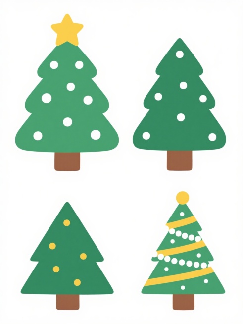 四个不同样式、不同装饰、不同造型的圣诞树，白色背景，排列整齐，扁平化插画风格，简洁明快的线条，绿色的树冠，棕色的树干，顶部有黄色的星星，树冠上点缀着白色的圆点装饰，整体画面干净整洁，充满节日氛围。预览效果