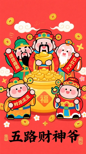 国潮 Q 版卡通风格，五路财神主题新年插画，背景是正红色，主体是5位胖乎乎的财神：顶部中路财神王亥捧着金元宝，左边武财神关羽举 “团团圆圆” 红卷轴，右边文财神比干举 “红红火火” 红卷轴，左下南路财预览效果