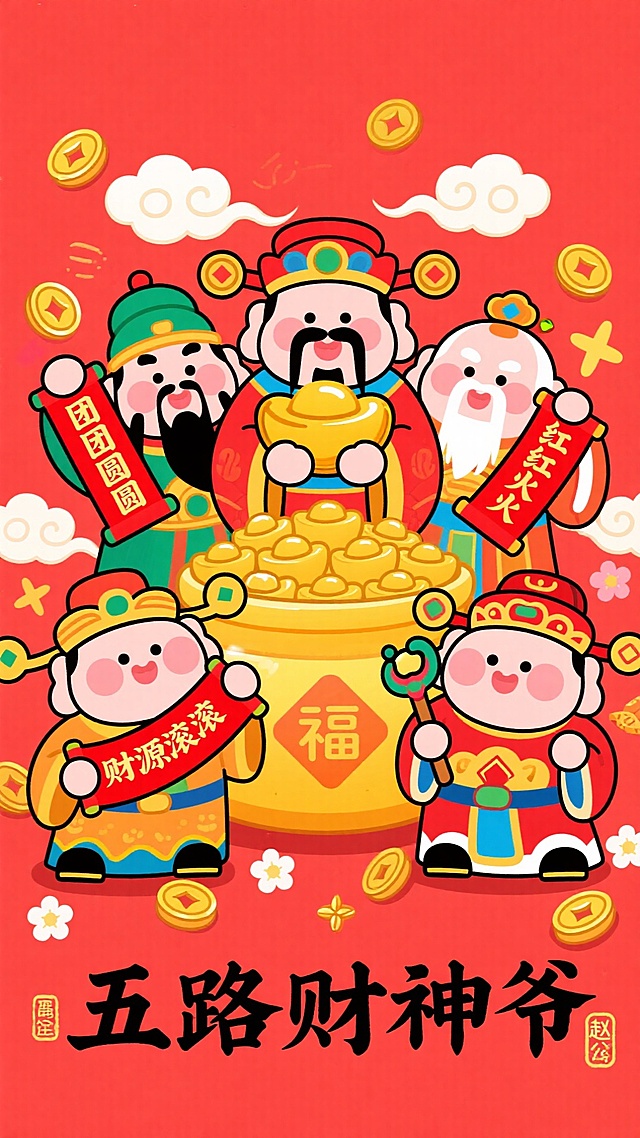 手机壁纸：五路财神爷