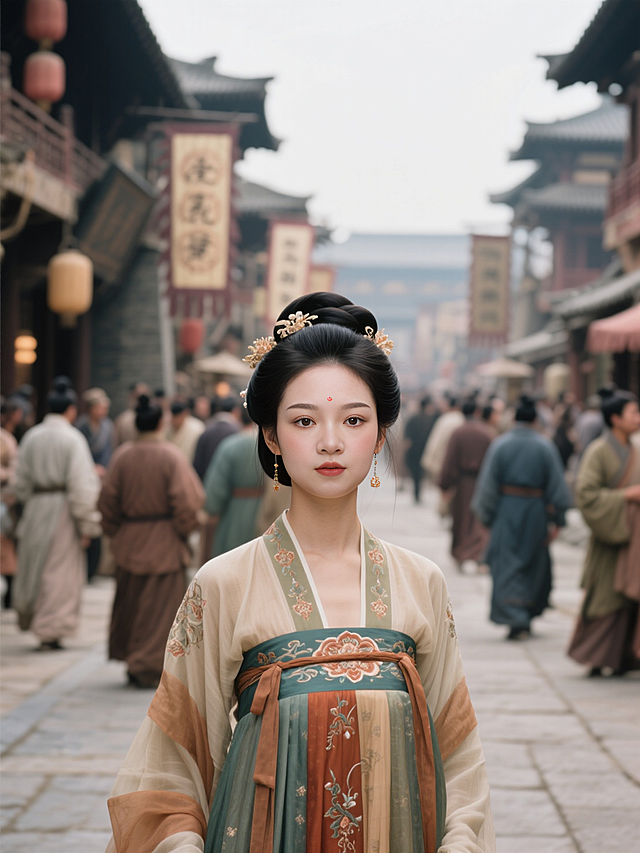 女生正脸看镜头，穿上唐代服饰，贵女打扮，站在唐代繁华的街上，身后是来来往往的唐代百姓，景深效果