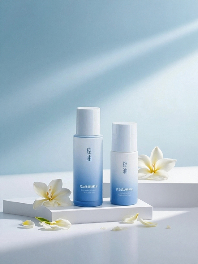 浅蓝渐变背景，主题放置在白色立方体搭建阶梯式台座上，搭配白色栀子花、花瓣，去掉原图光影，右侧用柔和光线投射