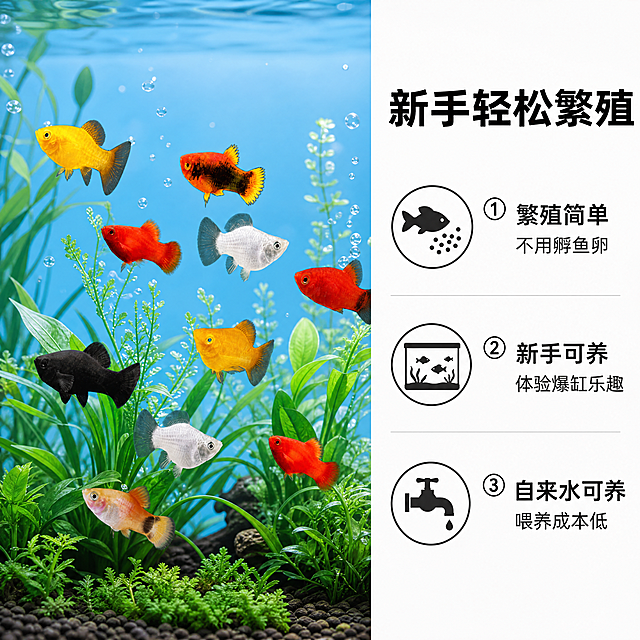[主图-2] 胎生鱼核心繁殖卖点展示。氛围风格：清晰通透水族科普风；画质：商业摄影质感，清晰真实，画面干净高级。元素：左侧主体展示一群胎生鱼在草缸中游动，保持鱼类色彩形态与原图一致，右侧分点展示核心卖点，整体满屏无边框。保持胎生鱼外观颜色形态与输入产品图绝对一致，杜绝任何变形和色差，精细化处理。光影：整体布光均匀清晰，主体鱼群明亮突出。配色：淡蓝水质背景，绿色水草，清晰的白底黑字卖点展示。视角构图：左图右文左右分栏构图，主体突出，信息清晰。文字版式：顶部大标题"新手轻松繁殖"，加粗醒目；右侧三个卖点标签：① "繁殖简单 不用孵鱼卵"② "新手可养 体验爆缸乐趣"③ "自来水可养 喂养成本低"，每个卖点配图标点缀，文字清晰不遮挡主体。比例分辨率：1:1比例，4k分辨率；文字清晰锐利，画面超高清。负向提示词：变形，水印，文字错乱，产品图模糊，背景杂乱。