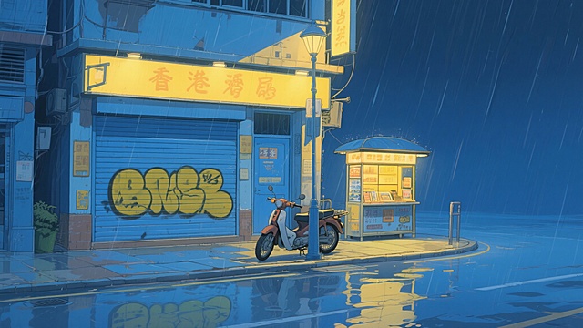 港风二次元，黑夜下雨街道，,安点，细节丰富，蓝色为主、黄色为辅，生成2张，不要人，4k，16:9