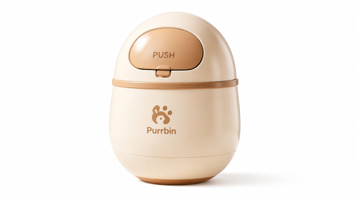 Purrbin品牌奶杏色宠物垃圾桶产品效果图，纯白色背景，极简高级感风格，展示垃圾桶圆润蛋形外观，桶身品牌标识清晰，光线干净柔和，突出产品材质和设计细节预览效果