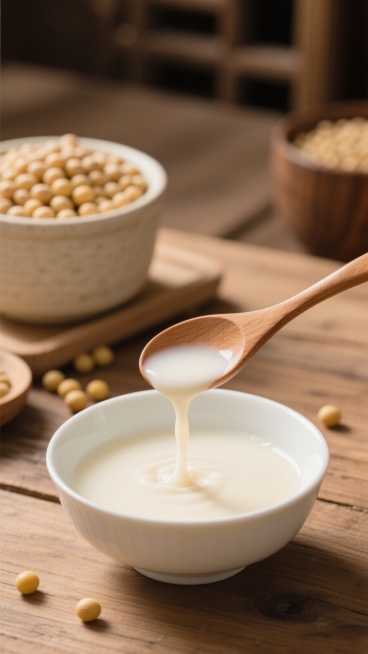 一张木质餐桌上，一个白色陶瓷碗中盛着乳白色的豆浆，一个木勺正将豆浆缓缓倒入碗中，形成细腻的流线，碗的周围散落着几颗金黄的大豆，背景是一个装满大豆的浅色容器，整体画面呈现出温暖柔和的自然光效果，色调以米白、浅木色和浅黄为主，营造出自然、健康、原生态的氛围，具有清晰的视觉层次感，主体突出，细节丰富，质感细腻，整体风格写实且温馨。预览效果