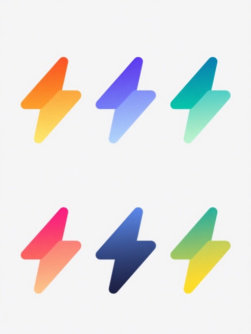 一组六个完全相同的闪电图标系列素材集合，每个图标均保持原有的锐利三角形轮廓、流畅的线条转折、内部渐变填充和高亮反光细节，整体呈现简洁明快的现代扁平化设计风格，图标在纯色背景上居中规整排布，六个图标分别采用以下不同配色方案：1. 鲜亮的橙色到黄色渐变搭配白色背景，2. 深邃的蓝色到紫色渐变搭配白色背景，3. 清新的绿色到青色渐变搭配白色背景，4. 热情的红色到粉色渐变搭配白色背景，5. 沉稳的深……预览效果