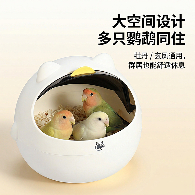 萌趣科技养宠风，严格还原鹦鹉太空舱鸟窝，产品尺寸比例1:1。主视觉：开盖状态的鸟窝内，两三只牡丹鹦鹉舒适休息，清晰展示内部宽敞空间，背景为浅白渐变，标注可容纳多只鹦鹉，宽敞不挤。主标题："大空间设计 多只鹦鹉同住"，副标题："牡丹 / 玄凤通用，群居也能舒适休息"，文字采用圆润无衬线字体，纯黑色，主标题居右，副标题居右下方，排版聚焦空间展示，整体风格温馨治愈，高清质感。禁止修改产品内部空间，禁止模糊鹦鹉形象，禁止产品比例失调，禁止文字杂乱，禁止添加无关元素，禁止风格割裂