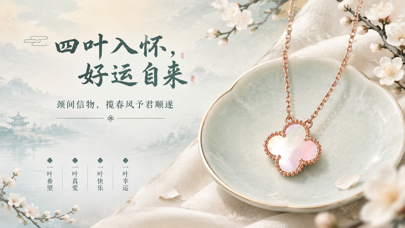 古风新中式珠宝海报，国风商业珠宝质感，写实商业摄影风格。画面右… - 图片创意预览