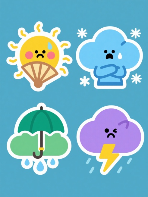 一组四个规整排布的卡通风格天气元素插画，每个元素保持相同的简约扁平设计风格、圆润线条和纯色背景，画面整体色彩各不相同。第一个是黄色太阳手持折扇、脸颊泛红、表情晕眩的中暑形象，周围有弯曲的黄色光线；第二个是蓝色云朵双手抱臂、身体发抖、周围有飘落雪花的寒冷形象；第三个是绿色云朵手持雨伞、下方有雨滴落下的下雨形象；第四个是紫色云朵伴有闪电符号、表情严肃的雷雨形象。所有元素均采用相同的卡通化处理，表情……预览效果
