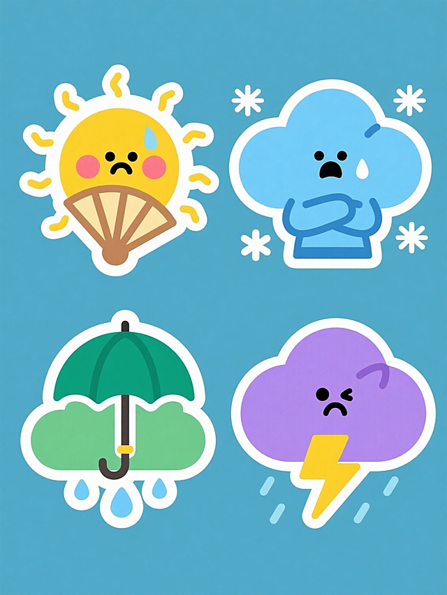 一组四个规整排布的卡通风格天气元素插画，每个元素保持相同的简约扁平设计风格、圆润线条和纯色背景，画面整体色彩各不相同。第一个是黄色太阳手持折扇、脸颊泛红、表情晕眩的中暑形象，周围有弯曲的黄色光线；第二个是蓝色云朵双手抱臂、身体发抖、周围有飘落雪花的寒冷形象；第三个是绿色云朵手持雨伞、下方有雨滴落下的下雨形象；第四个是紫色云朵伴有闪电符号、表情严肃的雷雨形象。所有元素均采用相同的卡通化处理，表情生动，构图简洁，色彩鲜明，形成系列感。