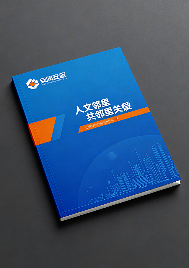 甘肃安邻数字科技有限公司宣传册封面，A4比例，完整logo图形加公司名称文字组合，主色调安澜蓝，点缀暖阳橙，现代简约科技风格，体现人文邻里关怀。