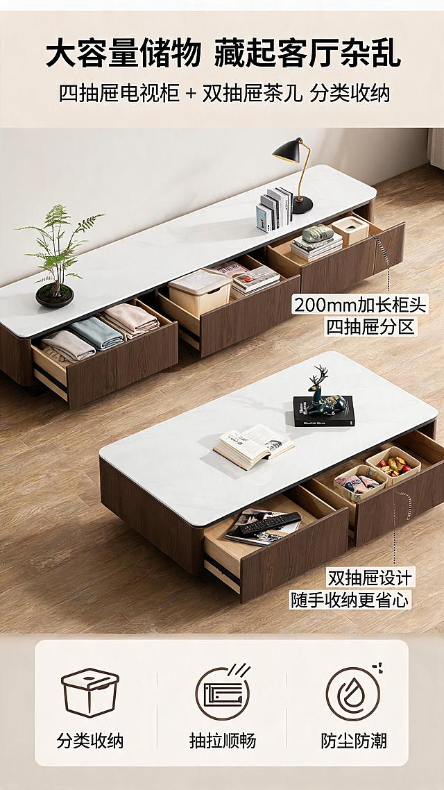 [第4张] 储物结构展示页-7150系列茶几电视柜大容量抽屉收纳演示。本张使用【图1】茶几与电视柜抽屉部分作为主体，展示开合状态与内部空间。
[氛围/风格] 实用功能风，整洁有序，居家收纳场景，商业摄影质感。
[元素布局] 画面上半部分展示电视柜抽屉半拉开状态，内部整齐摆放折叠衣物、收纳盒、书籍等物品；下半部分展示茶几抽屉全开状态，内部放置遥控器、杂志、零食收纳盒等客厅常用物品；产品占比约65%，保持胡桃色柜体、黑色拉手、抽屉结构与输入图完全一致；背景为浅灰色墙面+木质地板，搭配柔和自然光。
[光影质感] 正面柔光照明，抽屉内部光线充足，物品清晰可见，柜体边缘有自然高光，底部投影柔和自然。
[配色色系] 全局底色 #F0ECE5（暖浅灰）；主色胡桃木棕、冰川白；辅助色黑色、米白收纳盒；点缀色浅绿、暖黄。
[视角构图] 上下分屏构图，上电视柜下茶几，均为45°斜侧视角，阅读动线顶部标题→上电视柜→下茶几→底部卖点。
[文字版式] 顶部通栏标题+上下双产品展示+底部收纳卖点。主标题「大容量储物 藏起客厅杂乱」，副标题「四抽屉电视柜 + 双抽屉茶几 分类收纳」；电视柜旁标注「2000mm加长柜体 四抽屉分区」；茶几旁标注「双抽屉设计 随手收纳更省心」；底部3个图标卖点：「分类收纳」「抽拉顺畅」「防尘防潮」。
[比例分辨率] 9:16 竖版比例，2K分辨率，文字清晰可辨，高清画质。
[负向提示词] 抽屉变形，结构错误，颜色偏差，物品杂乱，水印，文字模糊，柜体比例失调，导轨缺失。