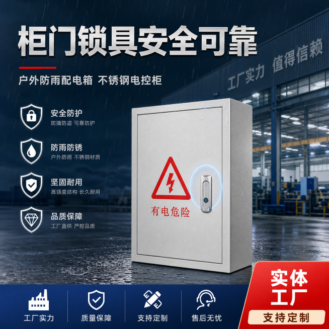 户外防雨配电箱 不锈钢电控柜，工厂实力风，突出产品柜门锁具安全可靠卖点，文字为'柜门锁具安全可靠'，适配爱采购平台，整体风格专业大气预览效果