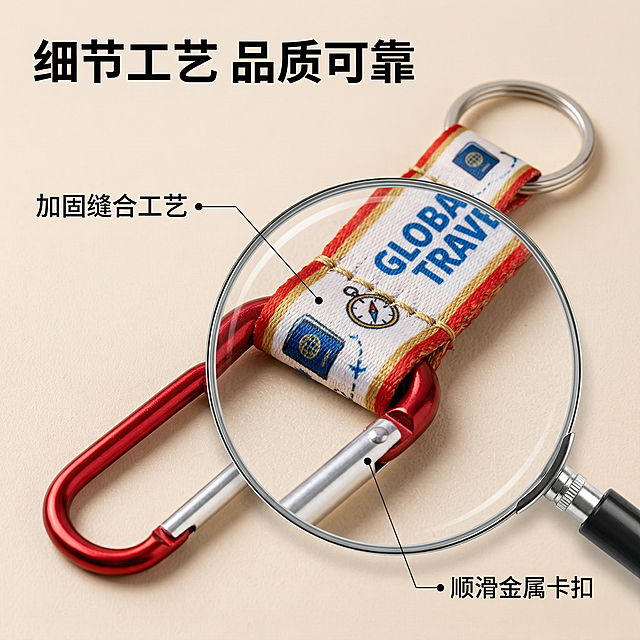 [垫图] https://gdesign-dam-hz.dancf.com/35916878946486362/eb9940625dda41e8aa026626b74cdadd.jpg https://gdesign-dam-hz.dancf.com/35916877459597345/134c4a8381db4a4a93c994ae5c6ff08a.jpg
[主图主题] 登山钥匙扣细节材质展示
[氛围/风格] 微距特写，质感细腻，清晰突出材质优势
[画面元素] 圆形放大镜效果放大展示登山扣卡扣连接处和织带缝合工艺，主体产品斜放在画面中心，背景为干净浅米色纯色，放大镜区域清晰呈现金属卡扣的光滑质感和织带密实锁边，放大细节清晰锐利，背景虚化突出细节；背景铺满全屏无边框
[配色色系] 主色调：产品本身彩色+浅米背景，突出色彩对比
[视角构图] 微距特写，主体占比约65%，景深较浅，焦点在放大区域
[文字版式] 主标题“细节工艺 品质可靠”，引线连接放大区域标注“加固缝合工艺”和“顺滑金属卡扣”，文字小而清晰，不遮挡主体；字体为黑色无衬线体，布局简洁明了。
[比例分辨率] 1:1 比例，2k 分辨率