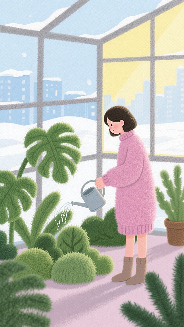 插画风温室场景，轻拟物设计融合毛发生长质感，暖粉毛衣少女浇灌绿植，窗外雪景映衬温馨清新氛围，传递冬日舒适感。