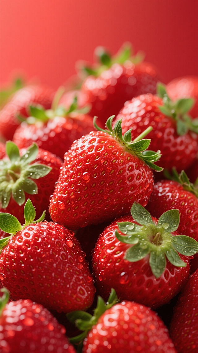 一堆新鲜饱满的草莓，表面覆盖着晶莹的水珠，散发着诱人的光泽，草莓的叶子呈现出鲜亮的绿色，背景为红色，整体画面色彩鲜艳，充满了生机与活力，具有高度的写实感和细腻的质感表现，光影效果突出，营造出一种新鲜、美味的氛围。