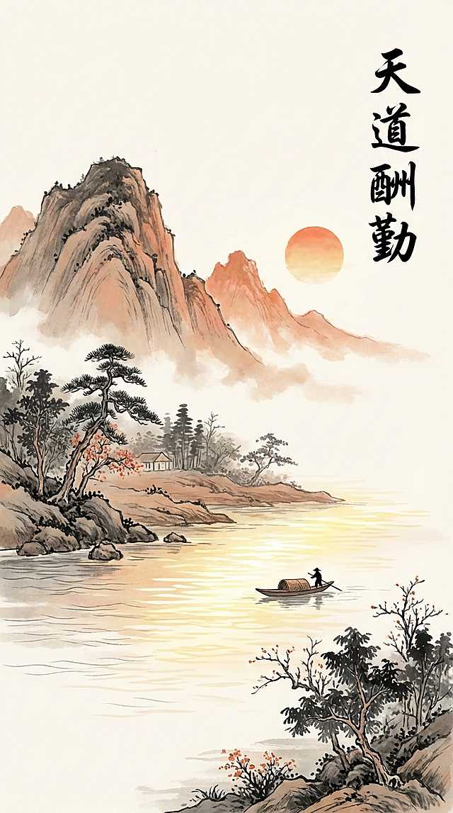 《天道酬勤》
“国风励志主题手机壁纸，4K高清质感。画面描绘晨光初照的山水，远山破晓，薄雾渐散，江面泛起微光，舟子已开始撑船航行。淡赭与水墨结合，充满希望感。在朝霞方向的留白处，以笔力饱满的行书题写‘天道酬勤’，激励之意与画面生机呼应，细节丰富，适合用作竖屏壁纸。”