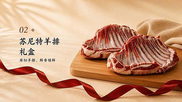 从参考图中提取苏尼特羊排礼盒商品部分，保留完整的羊排、木板、红丝带和左侧的'02 苏尼特羊排礼盒 原切羊排、鲜香锁鲜'文字，背景为暖米色，画面构图饱满美观，扩展为1920*1080横版尺寸，保持原有的暖光中秋风格，画质高清