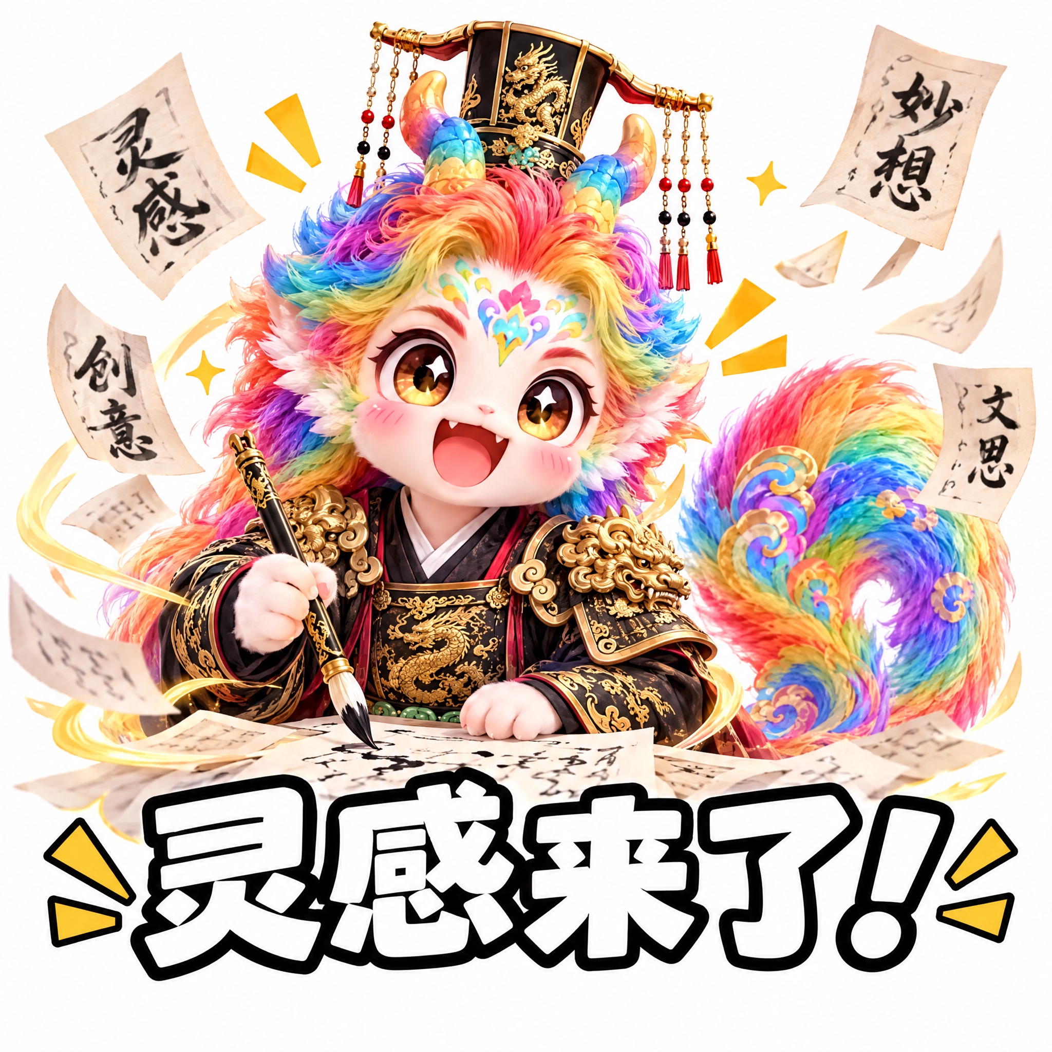 参考图中的彩虹鬃毛龙形神兽（穿黑色金龙铠甲），做成可爱表情包风… - 图片创意预览