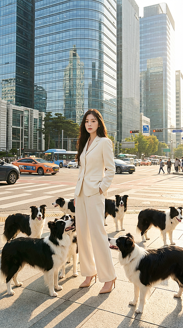 现代都市背景下，优雅女性身着米白西装，与群犬共处街头，融合商务感与清新自然，光影交错间展现科技感与真实质感的3D风视觉。