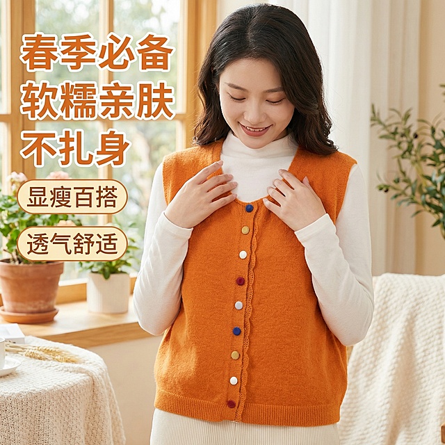 生成抖音商品主图，模特穿着橙色无袖针织马甲开衫，内搭白色长袖上衣，突出软糯保暖不扎身，春季必备、亲肤透气、显瘦百搭的特点，严格按照参考图的款式生成，保持设计细节一致