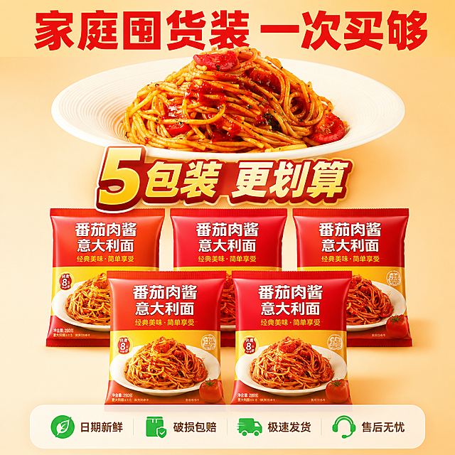 [主图-5] 番茄肉酱意大利面规格与服务图 展示多包装家庭囤货 打消顾虑促进下单
[统一基调] 拼多多食品风格 大字直白 暖调食欲感 背景主色暖橙渐变 标题字色正红加粗 辅助字色深棕 强调色金黄 字体为粗黑体厚重有力 整体温馨家常有划算感
[画面] 画面上方是一碗诱人的番茄肉酱意大利面 放在白色螺纹深盘中 面条裹满红亮酱汁 点缀番茄块 占画面约40% 下方整齐排列5包意面产品包装 包装主色调红黄搭配 印有产品实物图 展示家庭装多包组合 包装堆叠摆放 有囤货感 背景是浅橙色渐变 干净明亮
[光影质感] 柔和暖光 食物部分油亮诱人 包装部分平整清晰 有轻微阴影体现立体感 商业产品摄影质感 干净整洁
[配色] 背景浅橙渐变 产品红亮 包装红黄 标题正红 服务图标绿色 整体明亮暖调
[文字版式] 顶部大标题 家庭囤货装 一次买够 正红粗黑体超大字号 居中 中间 5包装 更划算 金黄超大数字5加文字 醒目突出 底部半透明悬浮条 横向排列四个服务图标加文字 日期新鲜 破损包赔 极速发货 售后无忧 绿色图标配深棕文字 悬浮条两端留空 不顶满
[输出要求] 1:1正方形 2048px 文字清晰无错字 产品清晰 包装整齐 禁止变形 禁止模糊 禁止杂乱 禁止水印 禁止平台Logo