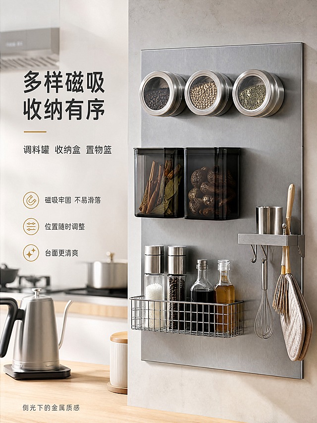 [商品] 使用【图1】不锈钢琅琅板样块图：保留哑光拉丝银灰表面质感与不锈钢原色，产品为竖版磁吸琅琅墙；商品处理：去除样块上的白色文字标注，保留真实材质肌理。
[画面] 第3张收纳细节图，页面目标展示多样磁吸收纳能力。构图骨架为局部场景中景特写型，主体磁吸墙占画面65%，正面微侧视角，板面同时磁吸多种收纳件：上层三个不锈钢调料罐并排吸附，中层两个黑色玻璃收纳盒，下层一个金属丝网篮放着调料瓶，侧边磁吸小置物架放厨房小工具。所有物品均为已吸稳的完成态，紧密贴合板面。前景浅木色台面与电热水壶，后景虚化的厨房橱柜与抽油烟机，侧光从右前方射入凸显金属质感。
[视觉] 套系策略：风格=现代简约厨房商业摄影；标题字=现代无衬线粗体；正文字=简洁无衬线体；主色=浅灰白；背景延展=浅灰白与米白做深浅层级、同色渐变和细腻金属与木纹材质延展；强调色=暖金，仅用于小面积图标、引线和标签；标题色=深炭灰；正文色=中灰；组件=圆角浅底信息卡、细线引线；光影=左前侧暖调自然光加顶部灯带柔光。
[文字] 左侧主标题「多样磁吸 收纳有序」≤10字，副标题「调料罐 收纳盒 置物篮」；左侧三行卖点「磁吸牢固 不易滑落 / 位置随时调整 / 台面更清爽」；底部一行小字「侧光下的金属质感」。文字横向排版，位于左侧负空间，不遮挡产品与磁吸件主体。
[规格] 图片比例3:4竖版，4K，避免变形、错字、文字过小、产品颜色改变、第三方品牌Logo、水印、AI生成标识、平台Logo。